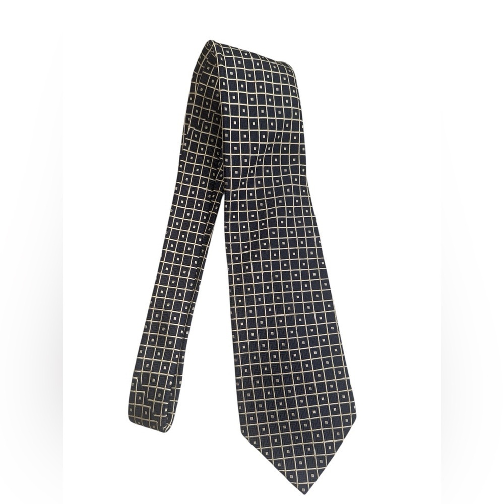 Valerio Garati Pure Silk Tie Navy Ivory Grid Hand Made